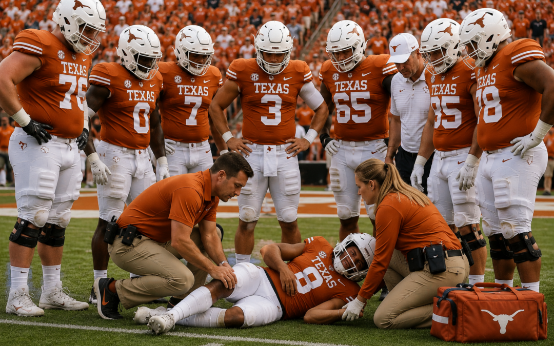 Football players and medical staff assisting an injured athlete on the field during a game, emphasizing sports injury management and recovery.