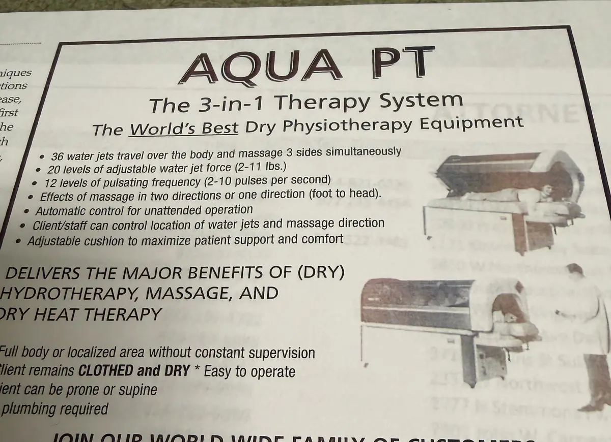 Aqua Massage Aqua PT dry hydrotherapy brochure features